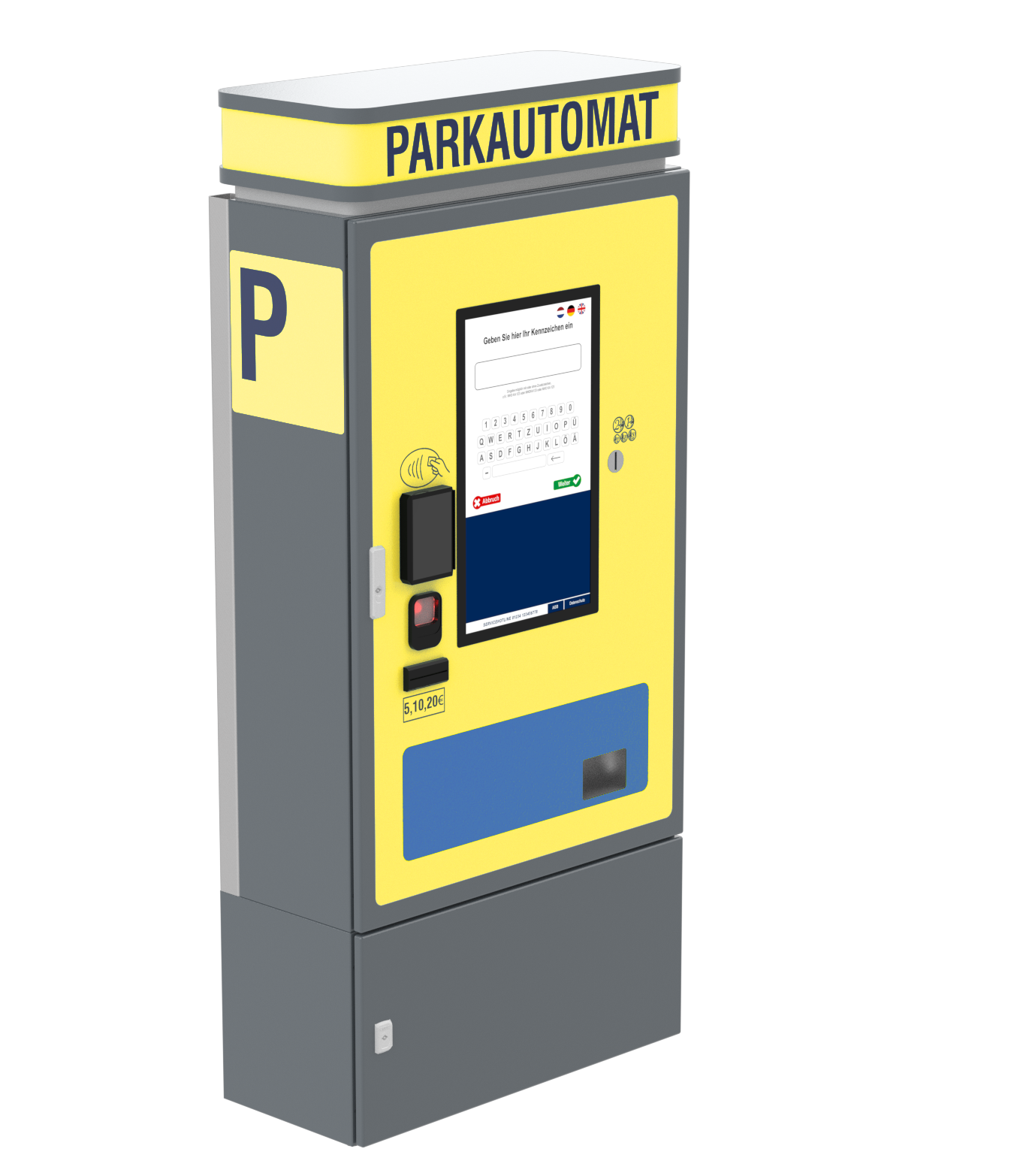 KomParking24 Parkautomat — 3/4-Ansicht, zeigt den kompletten Aufbau inklusive Sockel