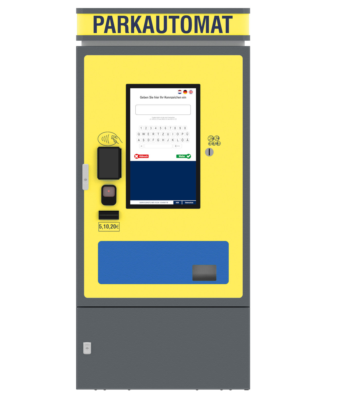 KomParking24 Parkautomat — Frontalansicht mit Touch-Display, kontaktlosem Bezahlmodul und Belegausgabe